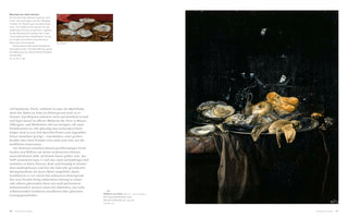 An open art book with German text on the left page and a large painting on the right. The painting is a dark, Dutch still life from 1679 by Willem van Aelst. It shows a lavish meal on a draped table against a black background, featuring fish and freshly shucked oysters on a silver platter, a bread roll, and a glass of wine.