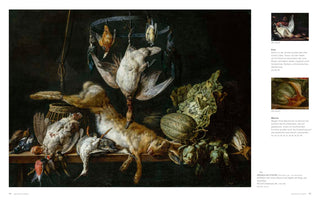 A double-page spread from an art book featuring a Baroque still life painting against a dark background. On a wooden table, a dead hare is splayed out amongst a pile of various dead birds. Above, more birds hang from a circular metal rack. To the right of the hare are vegetables, including a large cabbage, a melon, and artichokes. The right-hand page of the book contains German text and two smaller detail images from the painting.