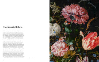 A two-page spread from a book. The left page has German text under the heading Blumenstillleben. The right page shows a detailed, classical still-life painting of a dense bouquet of flowers, including a large pink poppy and a red and white striped tulip, along with berries and insects against a dark background.