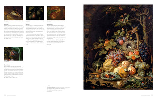 An open art book showing a two-page spread. The right page features a large, dark still-life painting by Abraham Mignon depicting a basket overflowing with grapes, peaches, plums, and a melon. A bird's nest with three white eggs is nestled in the basket, and two goldfinches perch on branches. The left page has German text and four small detail shots from the painting.