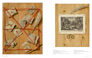 A two-page spread from an art book displaying two trompe-l'oeil paintings on light wood backgrounds. The painting on the left shows letters and a quill held by red ribbons. The painting on the right shows a classical print, a quill, and a pair of pince-nez spectacles.