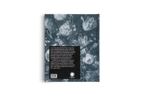 The back cover of a book, featuring a dark, monochromatic still life painting of a dense floral arrangement. A black rectangle on the left contains a description of the book, which is about Netherlandish still life masterpieces. Below the text are a barcode and publisher information.