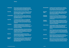 A two-page spread of a glossary with white text on a solid dark blue background. The page is titled Glossary and is organized into two columns. Each entry features a conceptual term in bold, such as Hearing Plants or Memoryless Ruin, followed by a paragraph-long definition. The footers read 8 Field Guide to Indoor Urbanism on the left page and 9 MODU on the right.