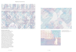 A two-page spread from a publication titled Mapping: Horizontal City. The pages show three thermal-image drawings of open spaces at the Eastchester Gardens public housing project in the Bronx. The images are abstract, composed of dense patterns of small lines in pastel blues and purples. Accompanying text discusses the challenges of privatization and underutilized land at the site.