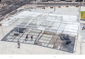An aerial view of a modern, white, open-air pavilion in a sunny urban plaza next to a street. The structure's gridded roof casts geometric shadows on the pavement below, where two boys are playing with a soccer ball and several lounge chairs are placed for relaxation.