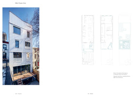 A two-page architectural spread about a project called Mini Tower One. The left side shows a photograph of a tall, narrow, modern urban house with a corrugated metal facade and an angled roof. The right side displays three corresponding floor plans for the building, arranged vertically.