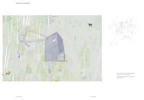 A page from a book titled Habits and Habitats showing an architectural illustration of a modern, angular grey building in a stylized forest. A raised, curving walkway leads to the building's roof. The landscape is populated with small figures of people and wildlife, including moose, deer, and foxes. To the right is a smaller site plan of the project.