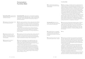 A two-page spread from a publication featuring an article titled Conversation: Fumihiko Maki. The article is in a question-and-answer format, with questions posed by Rachely Rotem and Phu Hoang to architect Fumihiko Maki. The text discusses architectural concepts like group form, mega-forms, and urban design principles.