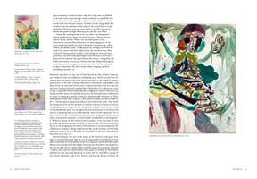 A two-page spread from a book, featuring text and artworks. The left page shows a small ink drawing of a house by Jeanne Susin and a still life of peaches by Henri Matisse. The right page displays a large, colorful, abstract expressionist painting of a figure by André Butzer.