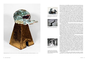 A page from an art book. The left side displays a large photo of a ceramic sculpture by Jonathan Meese and Juli Susin. The sculpture consists of a mottled green and blue glazed, bulbous head with a wide, dark opening, set on a textured, golden trapezoidal base. The right side of the page contains a column of text about ceramics, interspersed with three smaller black-and-white images showing another sculpture, a film still, and artists in a studio.