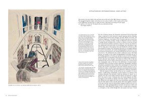 A two-page spread from a book. On the left is a watercolor and pencil drawing by Linda Bilda showing a person with blue hair looking down from a balcony into a multi-tiered circular library. The right page contains text under the heading SITUATIONIST INTERNATIONAL (AND AFTER).