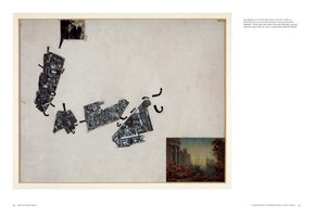A framed collage by Guy Debord on a light background. The artwork features several black-and-white fragments of a city map arranged in a winding path. Black paper arrows are placed around and between the map pieces to indicate a route. In the top left corner is a small, torn photograph of two men, and in the bottom right is a small color postcard of a classical European harbor scene with ships.