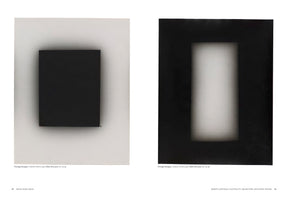 A page from an art book showing two abstract gelatin silver prints by Véronique Bourgoin. The image on the left features a solid black rectangle with a soft shadow on a light gray background. The image on the right is its inverse, a glowing light gray rectangle surrounded by a dark black frame.