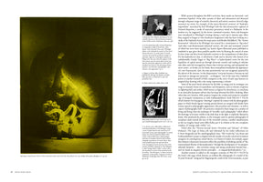 A two-page spread from a book. The left page features a large, surreal photograph by Juli Susin in a yellow-green tint, showing an abstract, lumpy sculpture in the foreground and a small creature in the background. The right page consists of a column of text with two small, inset black-and-white photos: one of a man at a lectern and a detail from a Mike Kelley artwork showing a man's face.