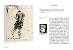 A two-page spread from an art book. On the left, a black ink drawing by Raymond Pettibon shows the muscular back of a figure under a shower, with handwritten text NO MOURN, NO LOSS at the bottom. The right page, titled AUTOBIOGRAPHY, contains columns of text and a small black-and-white photo of a hand resting in an open case.