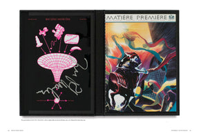 An open black folder displays the special edition of MATIÈRE PREMIÈRE. On the left is a black silkscreen by Jason Rhoades featuring whimsical pink diagrams and a large silver signature. On the right is a colorful, dynamic cover illustration by Andy Hope depicting a figure on a horse surrounded by flowing ribbons against a city backdrop with a bright sunburst.