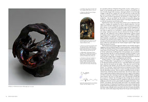 A two-page spread from an art book titled Royal Book Lodge. The left page features a large photo of an abstract, dark raku ceramic sculpture with an iridescent finish. The right page has a column of text with two inset images: Leonardo da Vinci's painting The Virgin of the Rocks and a small ink drawing.