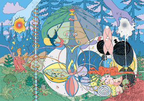 A complex, colorful, and surreal illustration of a forest landscape. A central, machine-like orb contains a reclining figure and abstract shapes. It is flanked by a kneeling person, a glowing DNA helix, and giant hands in the sky manipulating a dripping sun and a spiky star. Birds circle a chalice on a dome above.