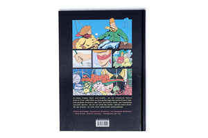The back cover of a black book, featuring a collage of colorful comic-style illustrations. The panels depict various scenes, including two figures in a basket, a hand drawing on water, a blindfolded person, and a larger abstract image of a reclining figure. Below the artwork is German text, a website address, and a barcode.