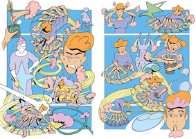 A colorful and surreal two-page comic spread with a bright blue background. Winding yellow ribbons with pink clouds flow through every panel, connecting chaotic scenes. These include a person painting a large star, another tumbling through the air, a close-up of a crying face, and a recurring figure with many spider-like limbs performing various tasks like stirring a bucket. The final panel shows a face blowing a pink cloud from its mouth.