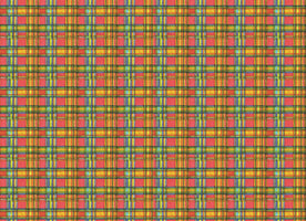 A close-up of a brightly colored plaid fabric with a visible woven texture. The pattern is a dense grid of intersecting horizontal and vertical stripes in red, yellow, blue, green, and black.