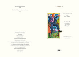 A double-page spread from the German book Die fabelhafte Geschichte des Riesen Théophile. The left page contains the dedication and publication information. The right page features the title, authors, and a colorful illustration of a joyful, giant man with a red beard and blue suit stepping out of a frame. A small girl in an orange dress holds onto his leg, looking up at him as he steps into a green field with two rabbits.