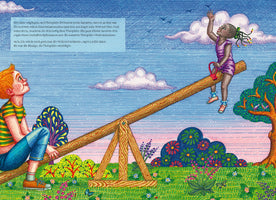 A colorful, textured illustration from a children's book shows a red-haired boy sitting on the low end of a wooden seesaw, looking up. On the high end, a young Black girl with beaded braids stands and reaches a hand up toward a fluffy cloud in the blue sky. The scene is a vibrant meadow with stylized flowers and trees. A block of German text is in the upper left corner.