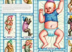 A colorful, detailed illustration from a German book showing a hospital nursery. On the right, an enormous baby named Théophile lies in his cot, taking up most of the frame. To the left, a grid of smaller cots contains several other diverse newborn babies, including Sophia and Lucille.