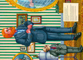 A colorful, sideways illustration depicting a man with a red beard in a pinstripe suit lying against a striped green and white wall. His reflection is visible in a mirror above him. Below him, a smaller man in a grey suit lies on a tailor's dummy. Framed pictures hang on the wall, and German text is visible on the right side of the image.