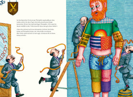 A colorful, whimsical storybook illustration of a giant, red-haired man being measured for clothes by several tiny, identical tailors. The giant wears a mismatched patchwork outfit, and the little tailors in suits use ladders and barrels to wrap yellow measuring tapes around his large frame.