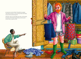 A detailed, colorful illustration showing a Black woman in overalls sitting in a chair and pointing happily toward a red-headed man. The man stands in front of an open, cluttered closet wearing a pink blazer, cherry-print boxers, and long green socks while holding up hangers with blue trousers and a red polka-dot garment, seemingly asking for advice.