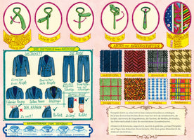 A colorful watercolor infographic in German providing a guide to men's suits. It features a five-step tutorial on how to tie a necktie, different styles of jackets, trousers, lapels, and shirt collars. The illustration also showcases various suit fabric patterns, including pinstripe, herringbone, and houndstooth, and gives visual tips on the correct fit for jacket sleeves and collars.