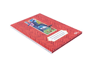 A hardcover book with a red herringbone-patterned cover, displayed at an angle on a white surface. The cover features a colorful illustration of a giant, red-bearded man in a pinstripe suit, lying down happily in a vibrant, miniature landscape. The German title, Die fabelhafte Geschichte des Riesen Théophile, is printed below the image.