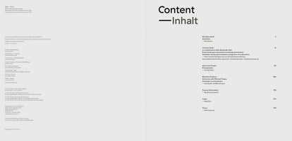 A two-page spread from a book with a minimalist design. The left page is the colophon with publication information in English and German. The right page is the table of contents, titled Content — Inhalt, listing chapters and authors for a publication about the German Autobahn.