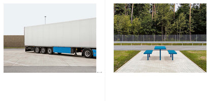 A two-panel photograph. The left panel shows the side of a large white semi-trailer truck with a blue chassis parked in an empty lot. The right panel shows a solitary, bright blue metal picnic table and two benches on a paved rest area, with a road and a line of trees in the background.