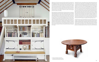 A page from a book showing two examples of Arts and Crafts furniture. The large image on the left features a white, built-in settle with integrated bookshelves filled with books and pottery. On the right, below a column of text, is a smaller image of a round, dark wood table with thick, carved legs.