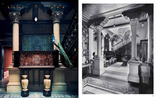 A diptych showing a lavishly decorated hall in two eras. On the left is a modern color photo of a peacock perched on an ornate chest between two large white columns against a wall of intricate blue tiles. On the right is a historic black-and-white photo of the same hall from a wider angle, showing a grand staircase, tiled floors, and a potted palm.