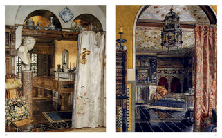 A two-page book spread displaying two watercolor paintings of opulent, historic interiors. The left image shows a European-style room with a classical bust, an ornate piano, and an embroidered curtain. The right image depicts a Moorish-style room with intricate tilework, a daybed, a hanging metal lantern, and a patterned red curtain.