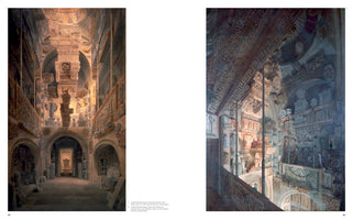 A two-page spread from a book showing two paintings of the interior of a museum. The hall is overwhelmingly filled from floor to its high ceilings with classical sculptures, architectural fragments, and reliefs. The painting on the left shows a long, symmetrical view down the hall, while the painting on the right is a closer, angled view from a balcony, showing the intricate details of the collection and the ornate ceiling.
