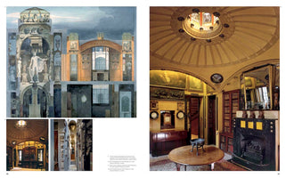 A book spread contrasting an architectural drawing with interior photos of a museum. On the left, a cross-section painting reveals a building crammed with classical art and sculpture. On the right, a photo shows an ornate room with a domed yellow ceiling and oculus, its walls densely packed with paintings, mirrors, and bookcases around a fireplace. Two smaller photos on the left show other interior views.