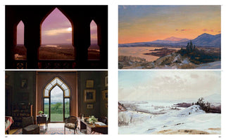 A two-page book spread with four images. On the left are two photos of a home with pointed arch windows: one a silhouetted view of a river valley at sunset, the other an interior study. On the right are two landscape paintings of a similar view, one at sunset and the other covered in snow.