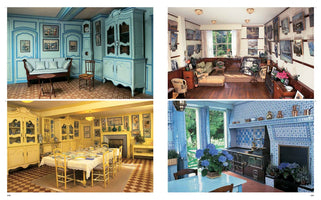 A four-panel image showing the colorful rooms of a house. Top left is a sitting room with light blue walls and furniture. Top right is a studio-like room with wood floors and walls covered in paintings. Bottom left is a bright yellow dining room with a long set table and yellow cabinets. Bottom right is a kitchen decorated extensively with blue and white patterned tiles, featuring a large black stove.
