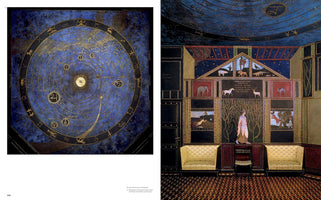 A book spread displays the work of Franz von Stuck. On the left is a celestial map in gold on a starry blue background, showing the solar system and zodiac. On the right is the music salon in the Villa Stuck, featuring a matching starry ceiling, wall panels with animal murals, a central female statue, two yellow settees, and a geometric floor.