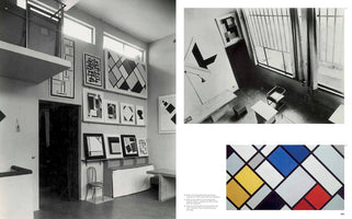 A collage of three images related to the De Stijl art movement. On the left is a large black and white photograph of a modernist studio interior, its walls filled with geometric abstract paintings. On the top right is a high-angle black and white view of the studio space. Below it is a close-up color image of Theo van Doesburg's painting, Kontra-Komposition XVI, showing a grid of black lines with rectangles of red, blue, yellow, white, and grey.