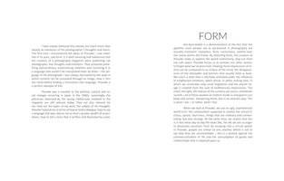 An image of a page spread with two columns of black text on a white background. The text is an essay about the Japanese photography magazine Provoke. The left column is a personal reflection on its rebellious nature, while the right column, under the heading FORM, analyzes its photographic style of Are-bure-bokeh, which prioritizes emotion and sensory experience over technical perfection.