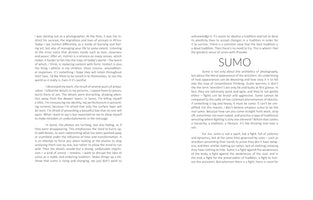 A page of text with two columns on a white background. The text is an essay about photography and tradition. The right-hand column has a large title, SUMO, and discusses the complexities of the sport.