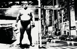 A high-contrast, black and white diptych. The left panel shows a sumo wrestler in a mawashi, standing and looking forward. The right panel shows a busy street scene in Ginza, Tokyo, with tall buildings, cars, and a street sign for Ginza 6-chome. The image juxtaposes the traditional athlete with the modern city.