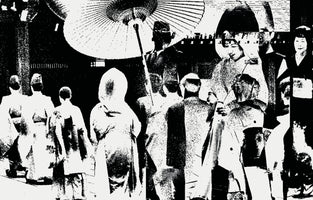 A heavily stylized, high-contrast black and white image of a traditional Japanese wedding ceremony. The scene, which has a grainy and glitched appearance, shows a bride and groom in formal wear surrounded by attendants. A large, ornate paper umbrella is held over the couple.