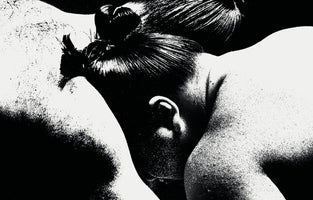 A high-contrast, grainy, black-and-white, close-up photograph capturing the intense moment of collision between two sumo wrestlers. The head and traditional topknot of one wrestler are pressed firmly against the massive chest and shoulder of the other, their bodies filling the frame in an abstract composition of form and texture.