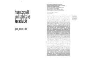 A minimalist two-page spread from a book in German. The left page features the title, Freundschaft und kollektive Kreativität, and the author, Jean-Jacques Lebel, in a large, stylized font. The right page contains two columns of text in a serif font, starting with a quote.